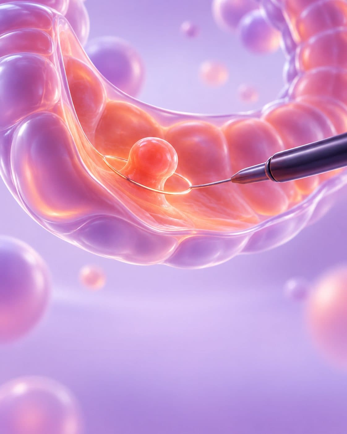 Ilustración de un pólipo en la pared del colon rodeado por el asa de extracción endoscópica